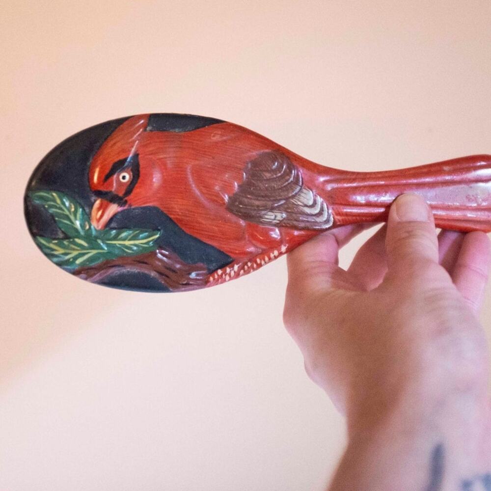 Carved Cardinal Hand Mirror | Vintage Wood